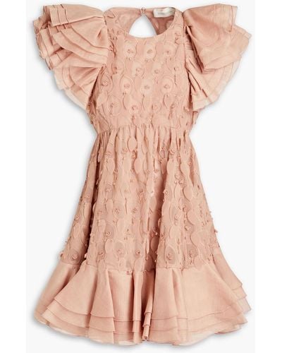 Zimmermann Floral-appliquéd Ruffled Gauze Mini Dress - Pink