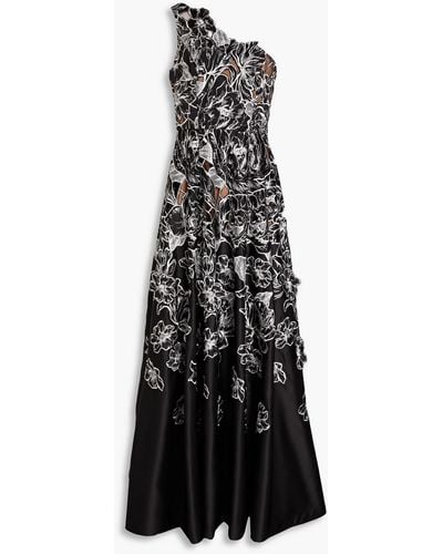 Marchesa One-shoulder Embroidered Duchesse-satin Gown - Black