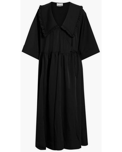 Ganni Ruffle-trimmed Gathered Satin Midi Wrap Dress - Black