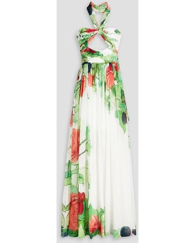 Elie Saab Printed Plissé Silk-georgette Gown - White