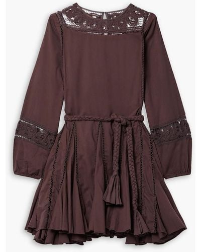 RHODE Ella Belted Crochet-paneled Cotton Mini Dress - Brown