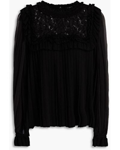 Andrew Gn Pleated Corded Lace-paneled Silk-blend Top - Black