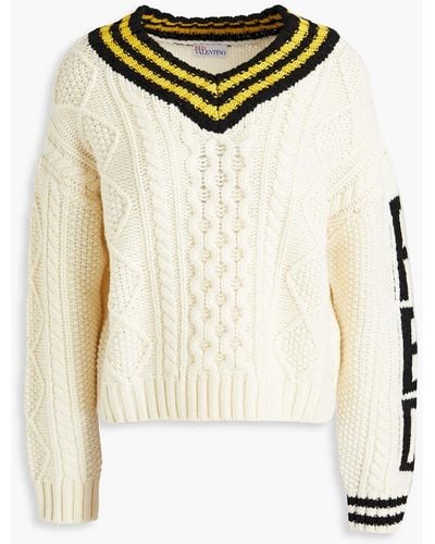 RED Valentino Intarsia-trimmed Cable-knit Wool Sweater - White