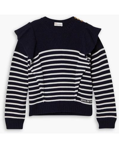 RED Valentino Maglia Button-embellished Ruffled Striped Knitted Jumper - Blue