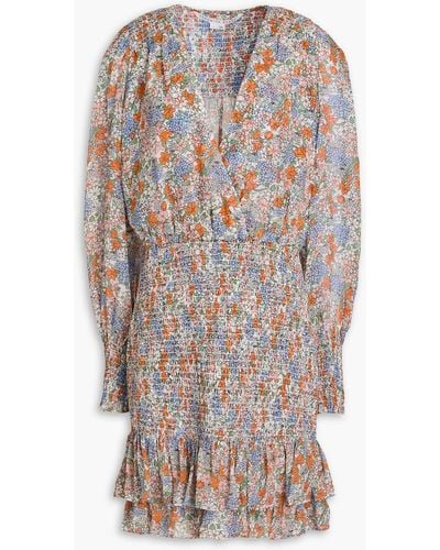Veronica Beard Saera Shirred Floral-print Silk-crepon Mini Dress - Blue