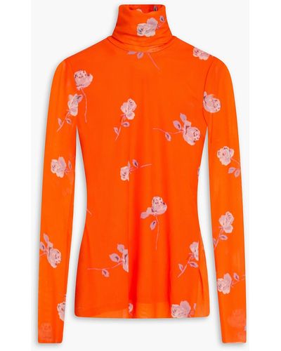 Ganni Rollkragenoberteil aus stretch-mesh mit floralem print - Orange