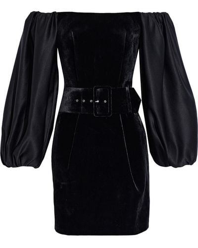 Rasario Off-the-shoulder Belted Satin-paneled Velvet Mini Dress - Black