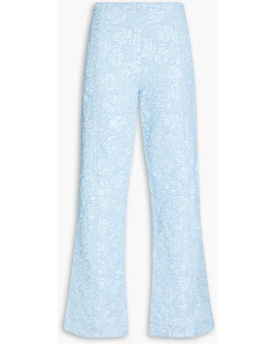 Ganni Bead-embellished Cutout Cloqué Flared Trousers - Blue