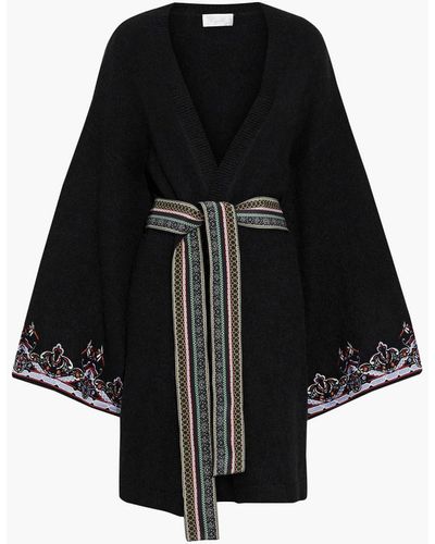 Camilla Belted Embroidered Brushed Knitted Cardigan - Black