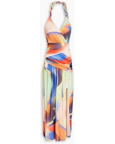 Nicholas Bristol Ruched Printed Stretch-mesh Halterneck Midi Dress - White