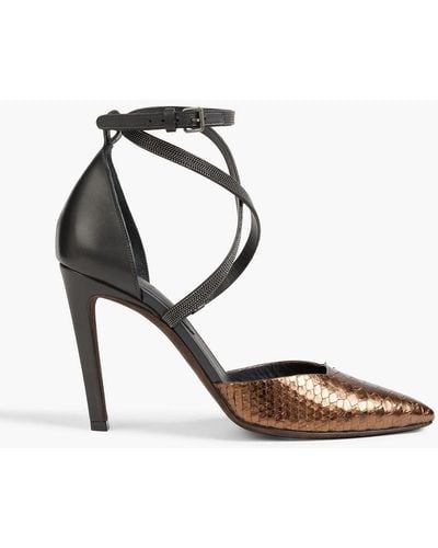 Brunello Cucinelli Embellished Smooth And Croc-effect Leather Pumps - Metallic