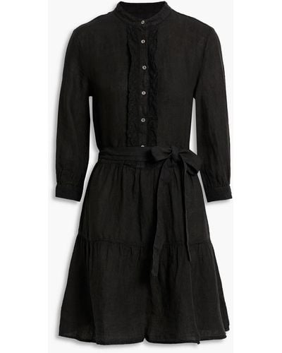 120% Lino Lace-trimmed Belted Linen Mini Dress - Black