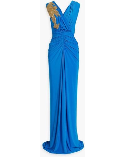 Rhea Costa Bead-embellished Ruched Jersey Gown - Blue