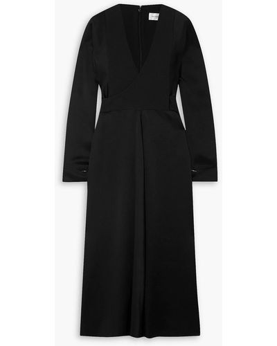 Victoria Beckham Pleated Satin-crepe Midi Wrap Dress - Black