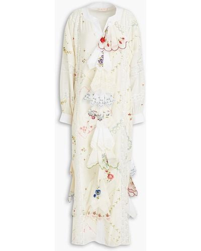 Tory Burch Oversized Lace-paneled Printed Cotton-gauze Maxi Dress - White