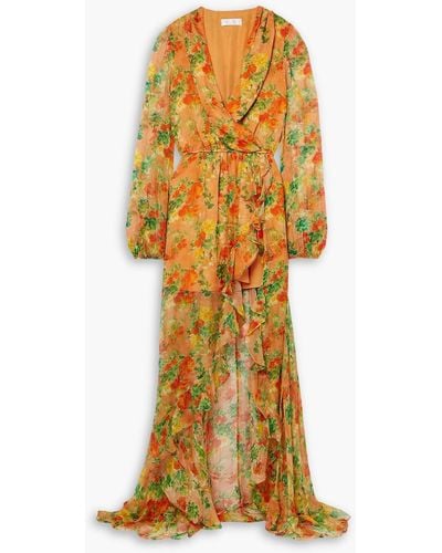 Caroline Constas Vivian Wrap-effect Ruffled Floral-print Silk-chiffon Maxi Dress - Yellow