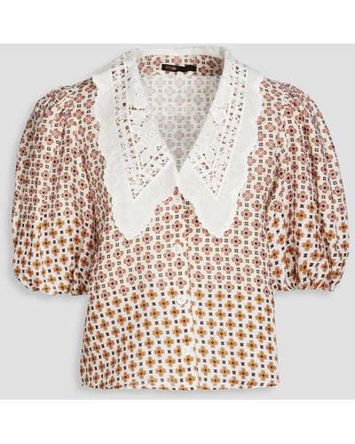Maje Cosange Guipure Lace-trimmed Printed Linen Blouse - White