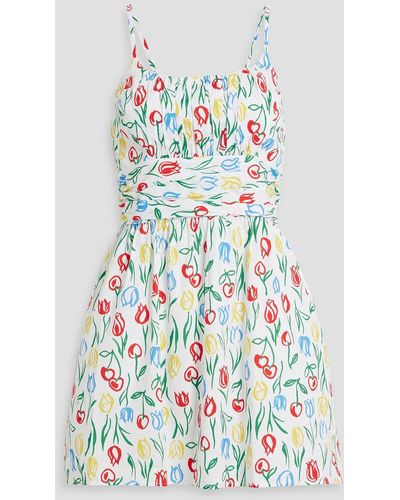 HVN Lucy Ruched Floral-print Cotton-blend Poplin Mini Dress - White