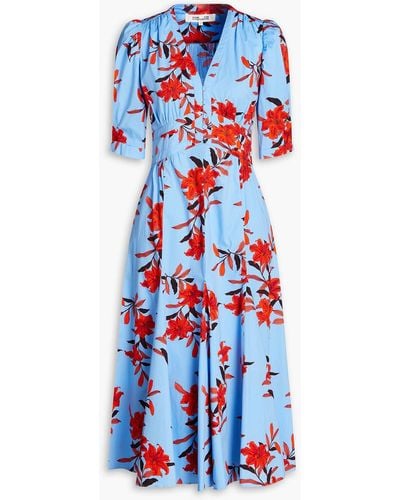 Diane von Furstenberg Floral-print Cotton-blend Poplin Midi Dress - Blue