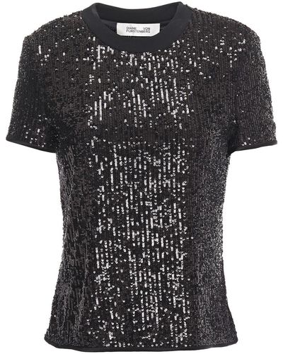 Diane von Furstenberg Dovera Crepe De Chine-trimmed Sequined Tulle Top - Black
