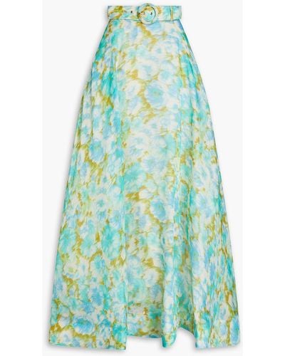 Zimmermann Belted Floral-print Linen And Silk-blend Maxi Skirt - Blue