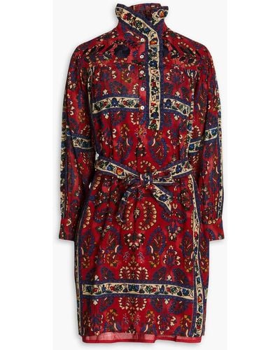 Antik Batik Belted Floral-print Cotton-gauze Mini Shirt Dress - Red