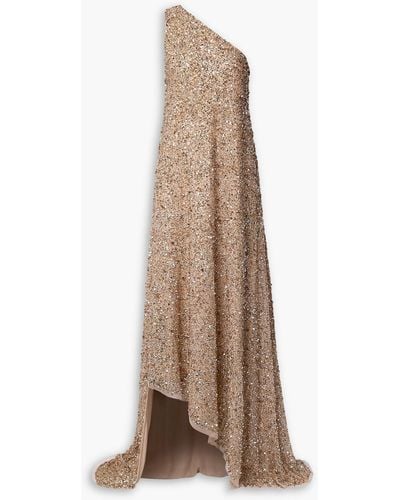 Reem Acra One-shoulder Asymmetric Embellished Tulle Gown - Natural