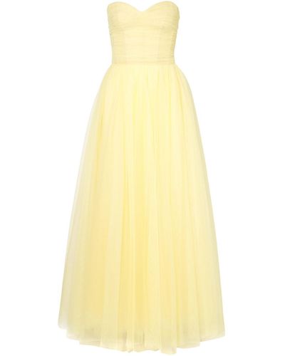 Monique Lhuillier Strapless Ruched Tulle Gown Pastel Yellow