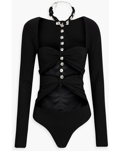 Area Cutout Crystal-embellished Jersey Bodysuit - Black