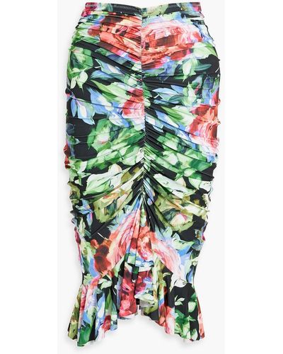 Norma Kamali Ruched Floral-print Stretch-jersey Midi Skirt - White