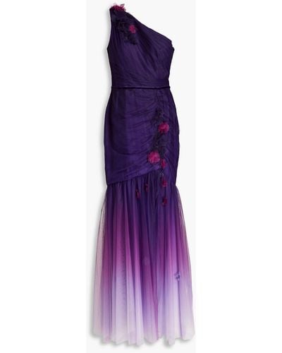 Marchesa One-shoulder Floral-appliquéd Dégradé Tulle Gown - Purple