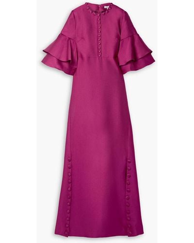 Reem Acra Button-embellished Ruffled Satin-piqué Gown - Purple