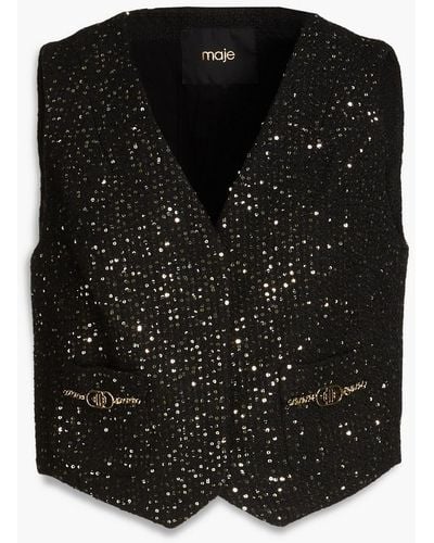 Maje Embellished Tweed Vest - Black