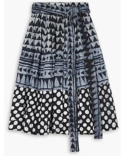 Studio 189 Belted Tiered Printed Cotton Midi Skirt - Blue