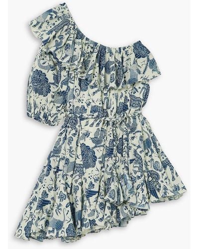 RHODE Ozzie One-sleeve Belted Printed Cotton-poplin Mini Dress - Blue