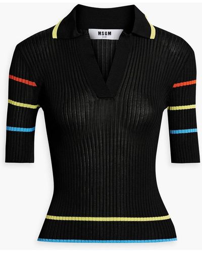 MSGM Striped Ribbed-knit Polo Jumper - Black