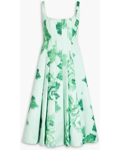 Emilia Wickstead Pleated Floral-print Duchesse-satin Midi Dress - Green