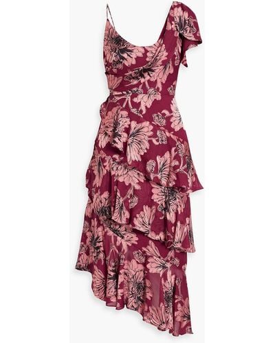 THEIA Asymmetric Tiered Floral-print Fil Coupé Chiffon Midi Dress