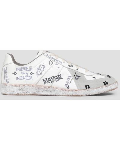 Maison Margiela Distressed Printed Suede And Leather Sneakers - Metallic