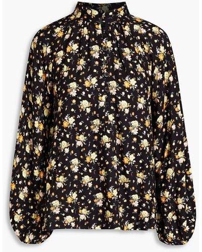 byTiMo Gathered Floral-print Twill Blouse - Black