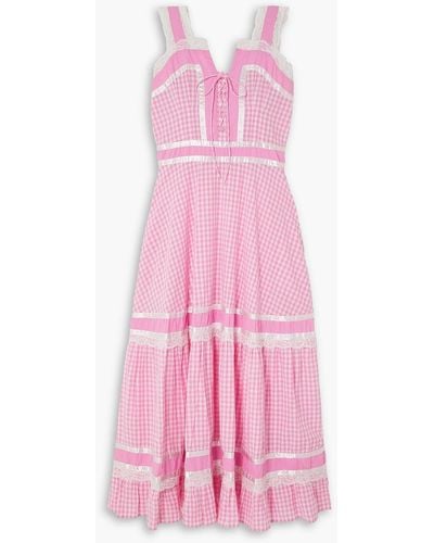 BATSHEVA Meadow Tiered Satin And Lace-trimmed Gingham Cotton-poplin Maxi Dress - Pink