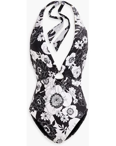 Seafolly Plunge Floral-print Halterneck Swimsuit - White
