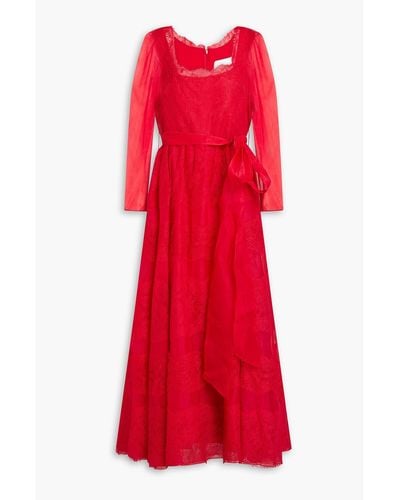 Valentino Garavani Belted Chantilly Lace-paneled Silk-organza Midi Dress - Red