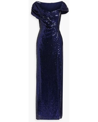 Badgley Mischka Draped Sequined Mesh Gown - Blue