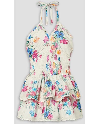 LoveShackFancy Aqua Floral-print Swiss-dot Cotton-voile Halterneck Mini Dress - White