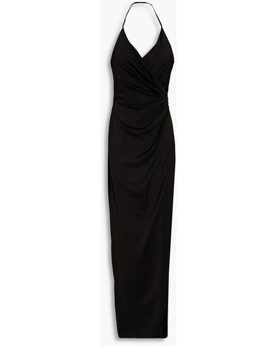 Halston Celia Pleated Embellished Satin Halterneck Gown - Black