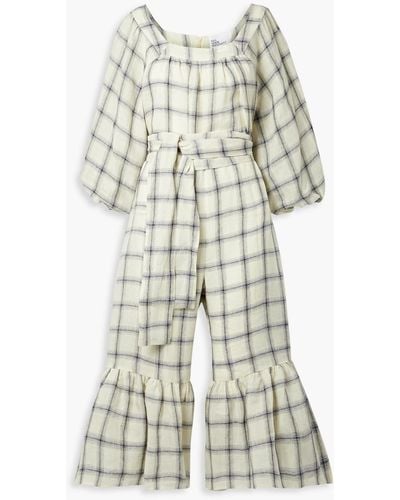 Lisa Marie Fernandez Cropped Belted Checked Linen Jumpsuit - White