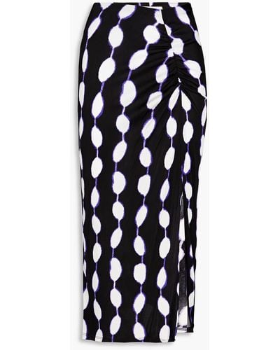 Diane von Furstenberg Cybele Ruched Printed Jersey Midi Skirt - Black