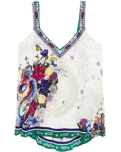 Camilla Crystal-embellished Printed Silk Crepe De Chine Top - White
