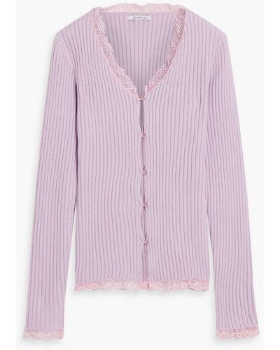 Olivia Rubin Tansy Lace-trimmed Ribbed-knit Cardigan - Pink